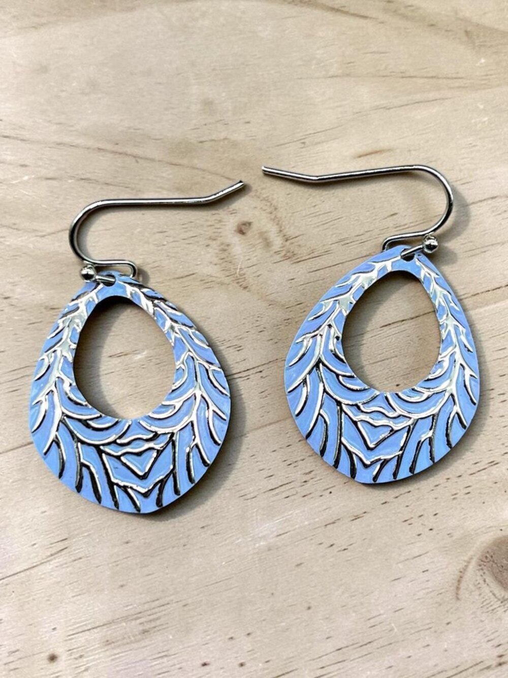 Blue Feather Teardrop Drop Earrings | Silver Tone - Picture 4 of 6